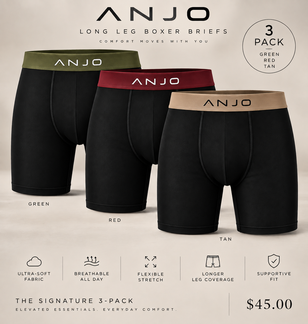 ANJO The Signature 3-Pack long leg boxer briefs in Green, Red and Tan