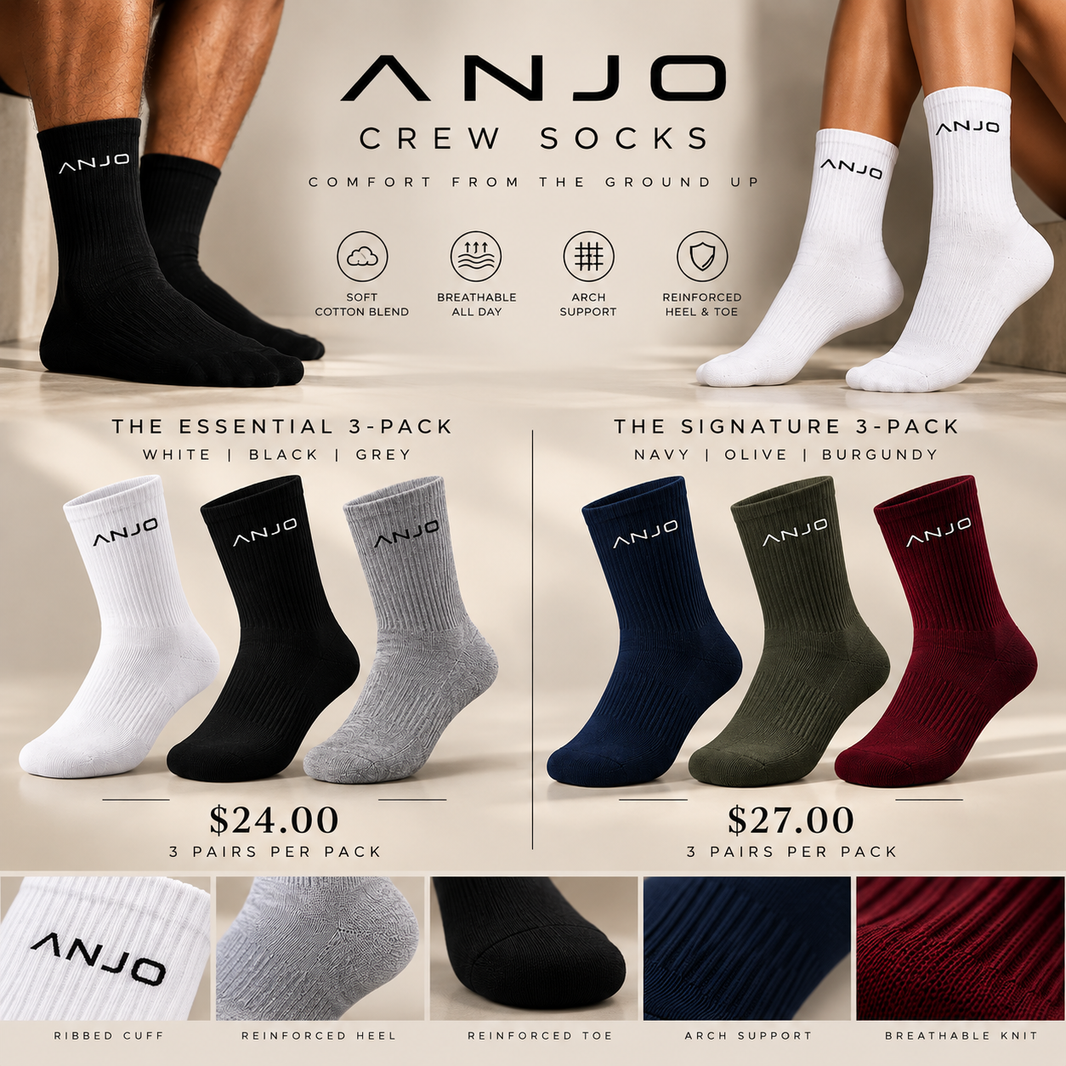 ANJO Crew Socks 3-Pack — The Essential in White, Black and Grey and The Signature in Navy, Olive and Burgundy