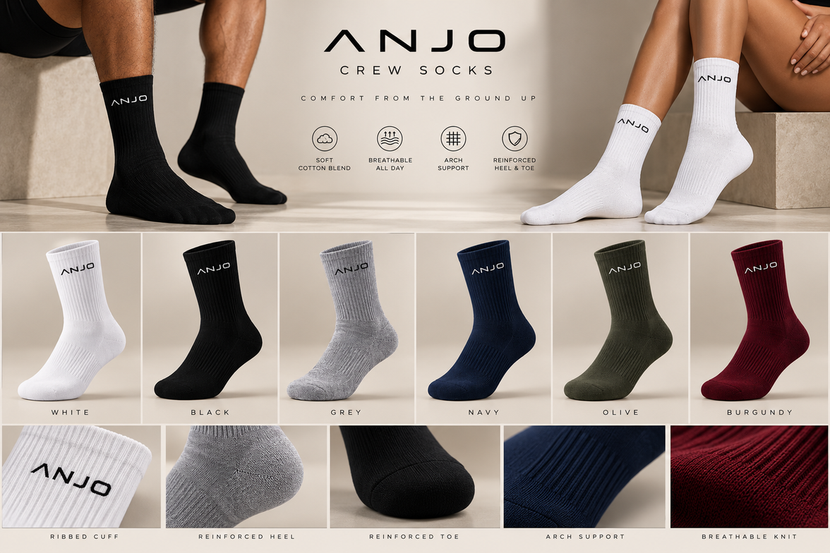 ANJO crew socks in White, Black, Grey, Navy, Olive and Burgundy with ribbed cuff, reinforced heel and toe, arch support and breathable knit details