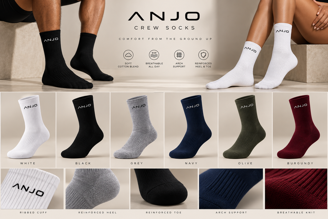 ANJO crew socks in White, Black, Grey, Navy, Olive and Burgundy with ribbed cuff, reinforced heel and toe, arch support and breathable knit details