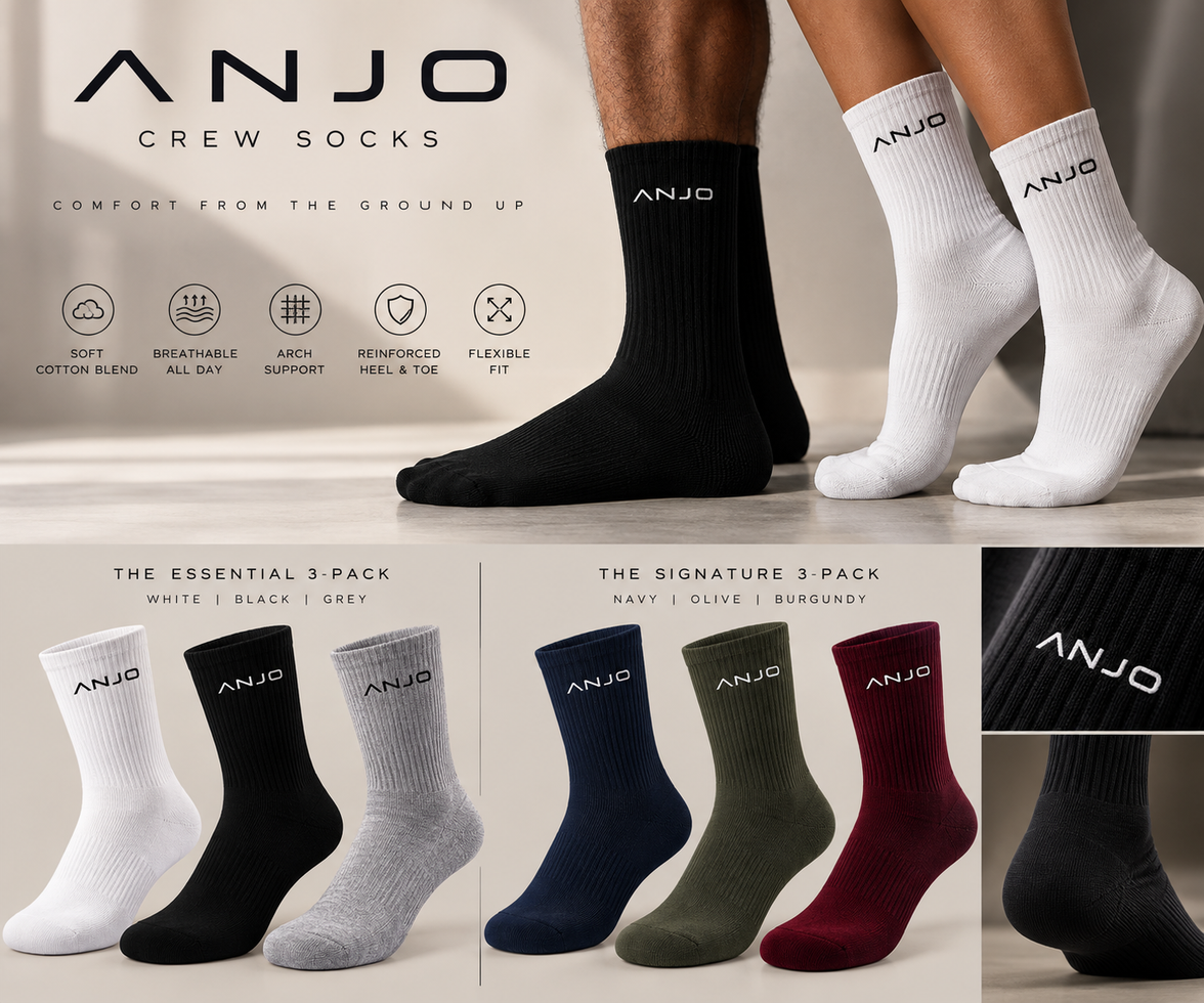 ANJO crew socks worn in black and white — soft cotton blend, breathable all day, arch support, reinforced heel and toe, flexible fit