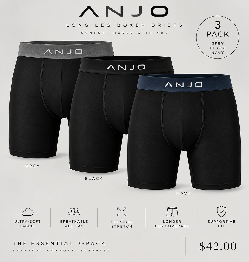 ANJO The Essential 3-Pack long leg boxer briefs in Grey, Black and Navy