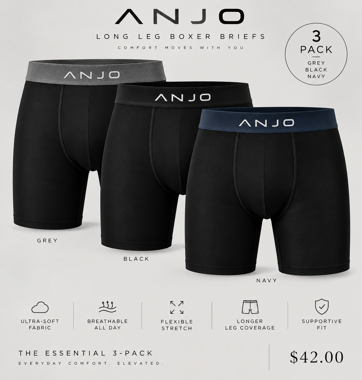 ANJO The Essential 3-Pack long leg boxer briefs in Grey, Black and Navy