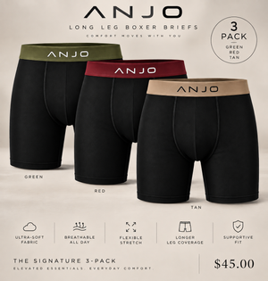 ANJO The Signature 3-Pack long leg boxer briefs in Green, Red and Tan